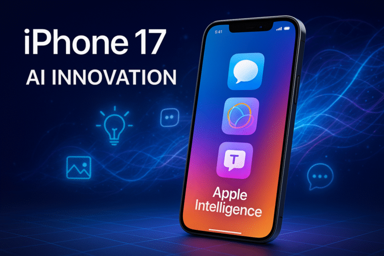 iPhone 17 showcasing Apple Intelligence and AI innovation with colorful app icons on screen